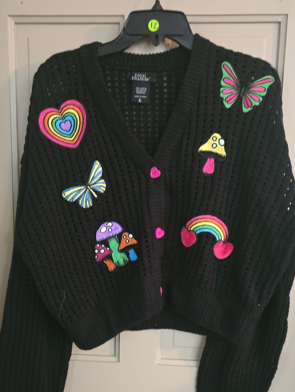Black Cropped Cardigan Sweater with Colorful Embroidered Patches